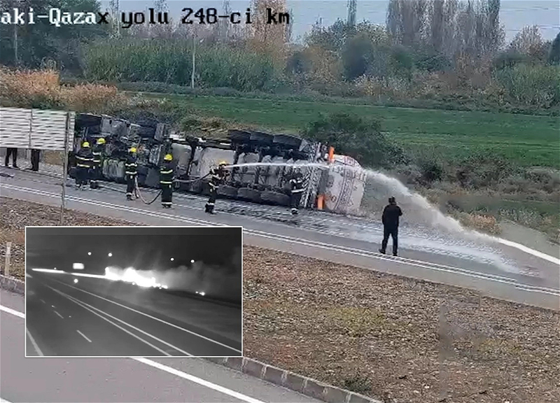 Грузовик с дизельным топливом опрокинулся на дороге Баку - Газах - ВИДЕО