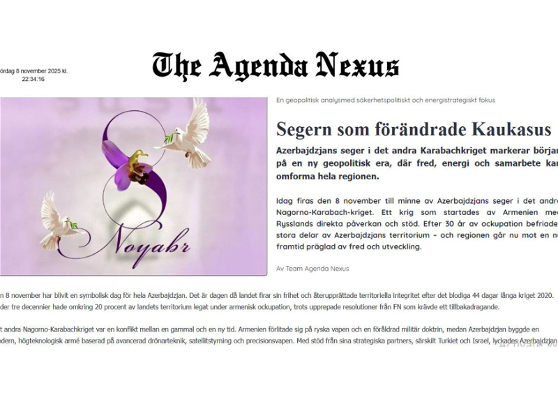 В шведском издании Agenda Nexus опубликована статья о победе Азербайджана